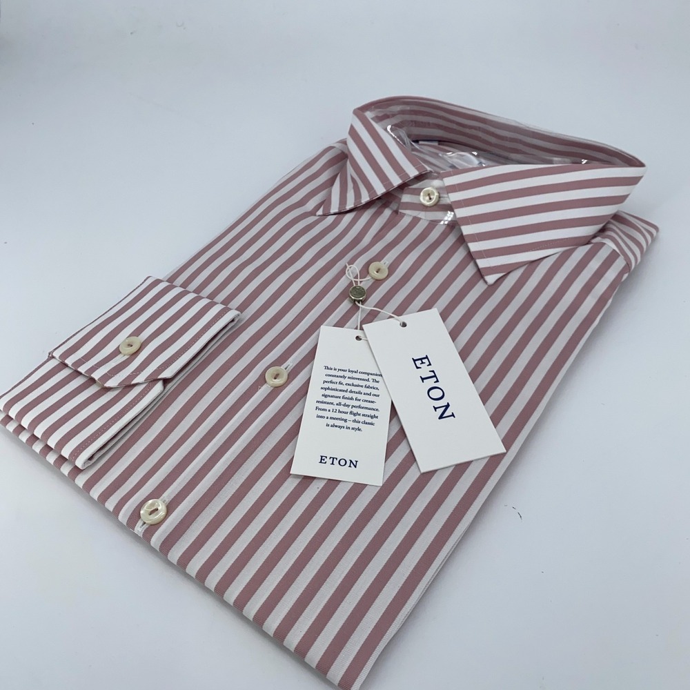 Eton Dress Shirt Mens XL 17 1/2 - 44 Pink White Striped Slim Fit Twill Button Up